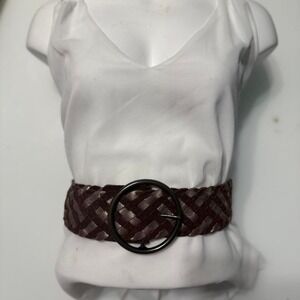 Vintage Braided Leather Belt • Brown & Metallic Woven • Statement Buckle